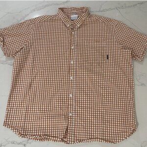 Columbia Shirt Men's XXL Button Up Short Sleeve Orange White Plaid Check 2XL